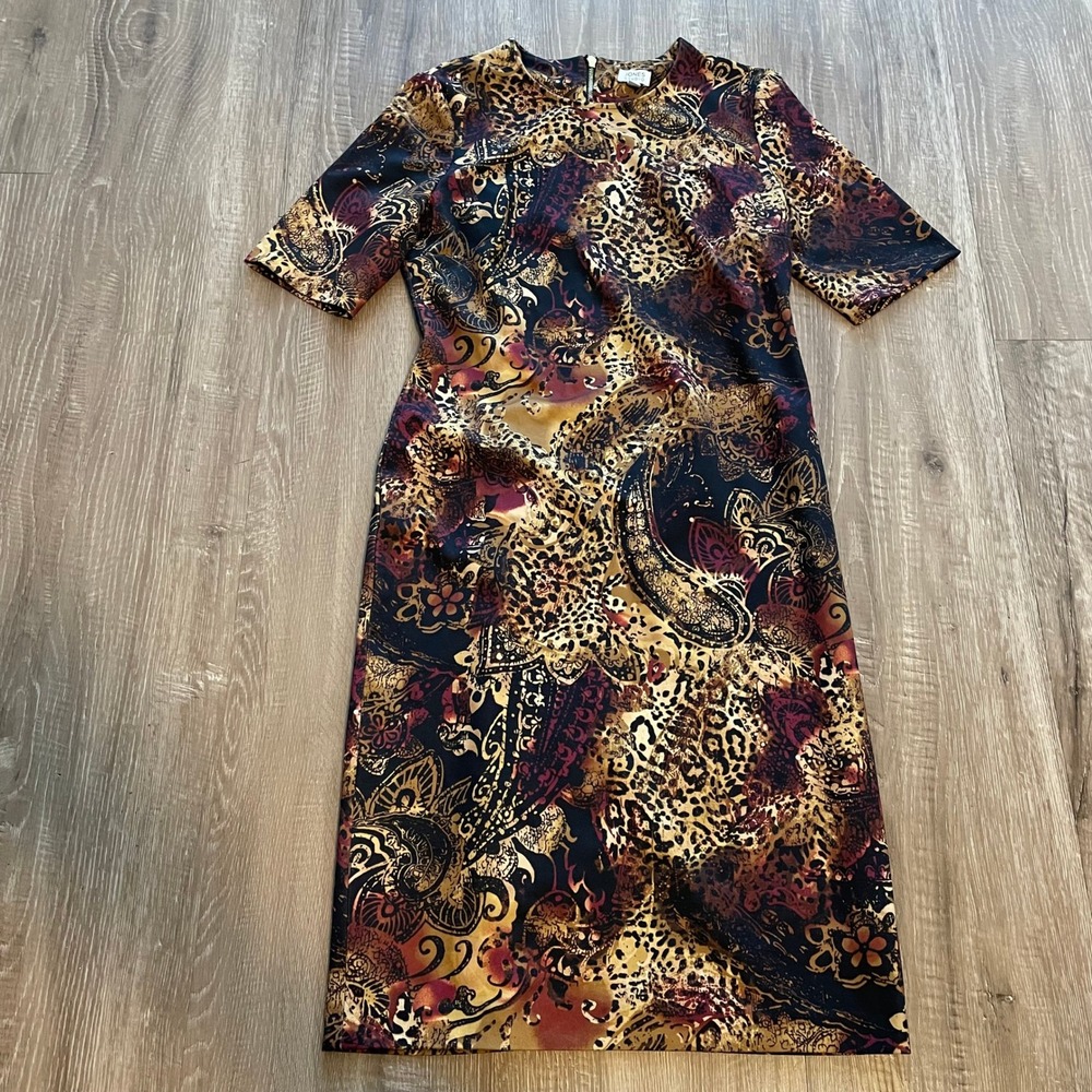 Jones Studio Womens Sheath Dress M Brown Leopard Paisley Scuba Knit Exposed Zip